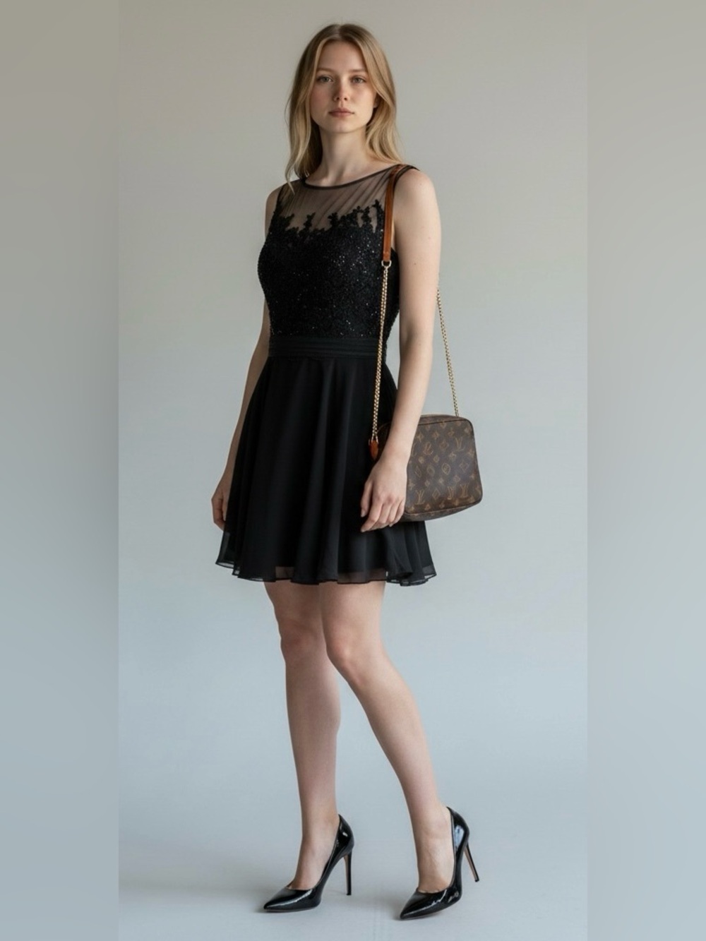 Black sequens  Cocktail‎ Ed Young dress Small  flowy  Elegan night gown talon zi